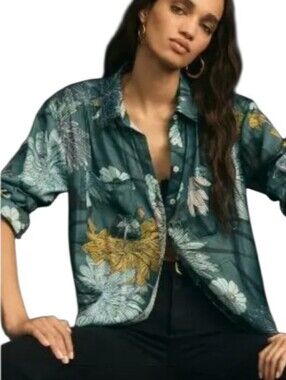 Anthropologie The Brielle Teal Floral Button-Front Blouse